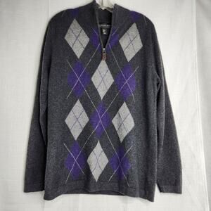 Harrison Davis Cashmere Sweater 1/4 Zip Mock Turtle Neck M Argyle Gray Purple